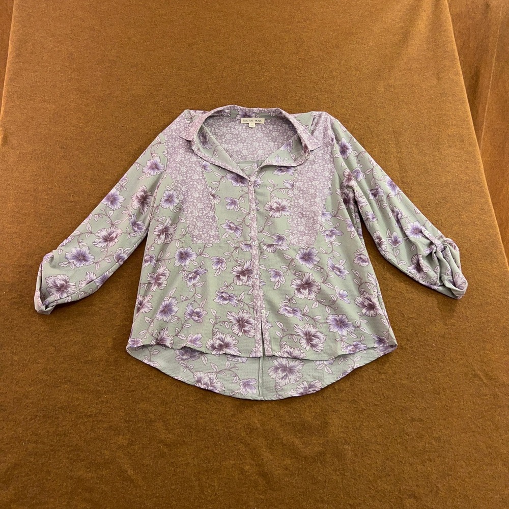 Cactus + Pearl Womens Large Purple Floral Roll Tab Sleeve Button Up Blouse